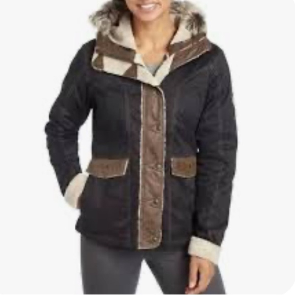 Women's kuhl Raven Black and Brown parka with faux fur hood (removable)